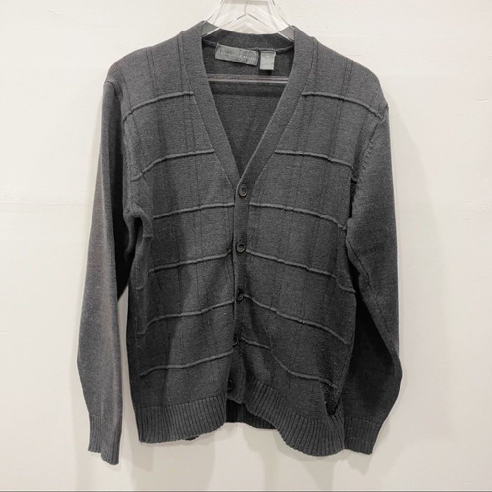 Oscar De La Renta Grey Knit V-Neck Button Front Cardigan Sweater Medium Cotton